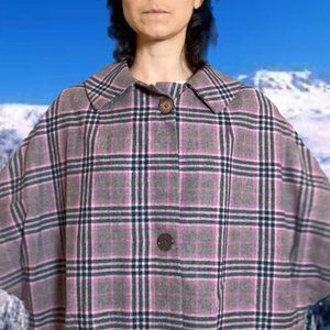 Pink and grey plaid wool cape